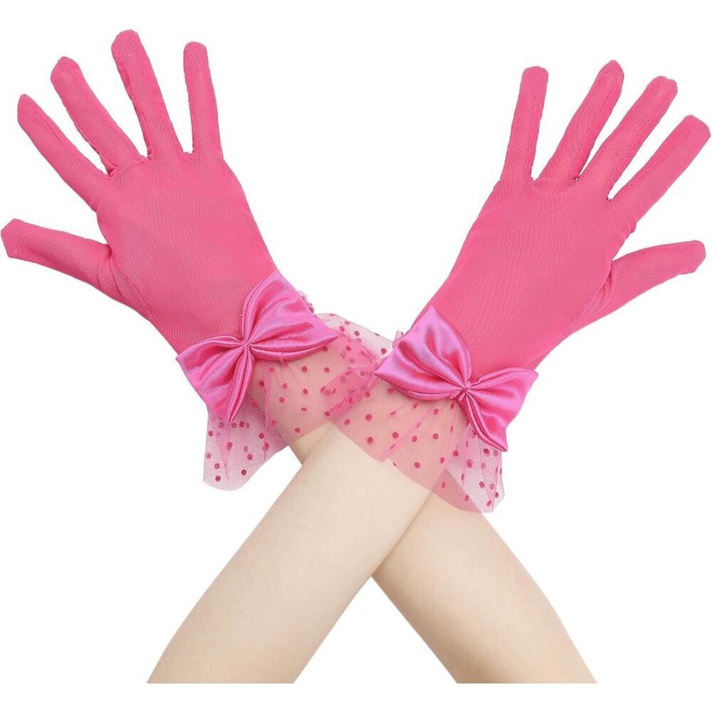 Women's Short Hot Pink Lace Bow  Polka Dots Gloves Mesh Wedding Tea Party Prom